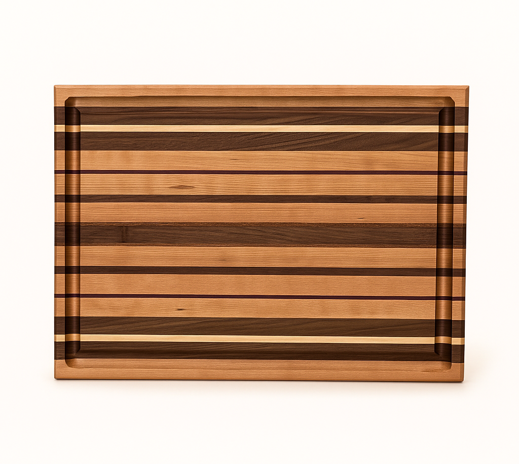 Wooden cutting board with striped pattern on a white background