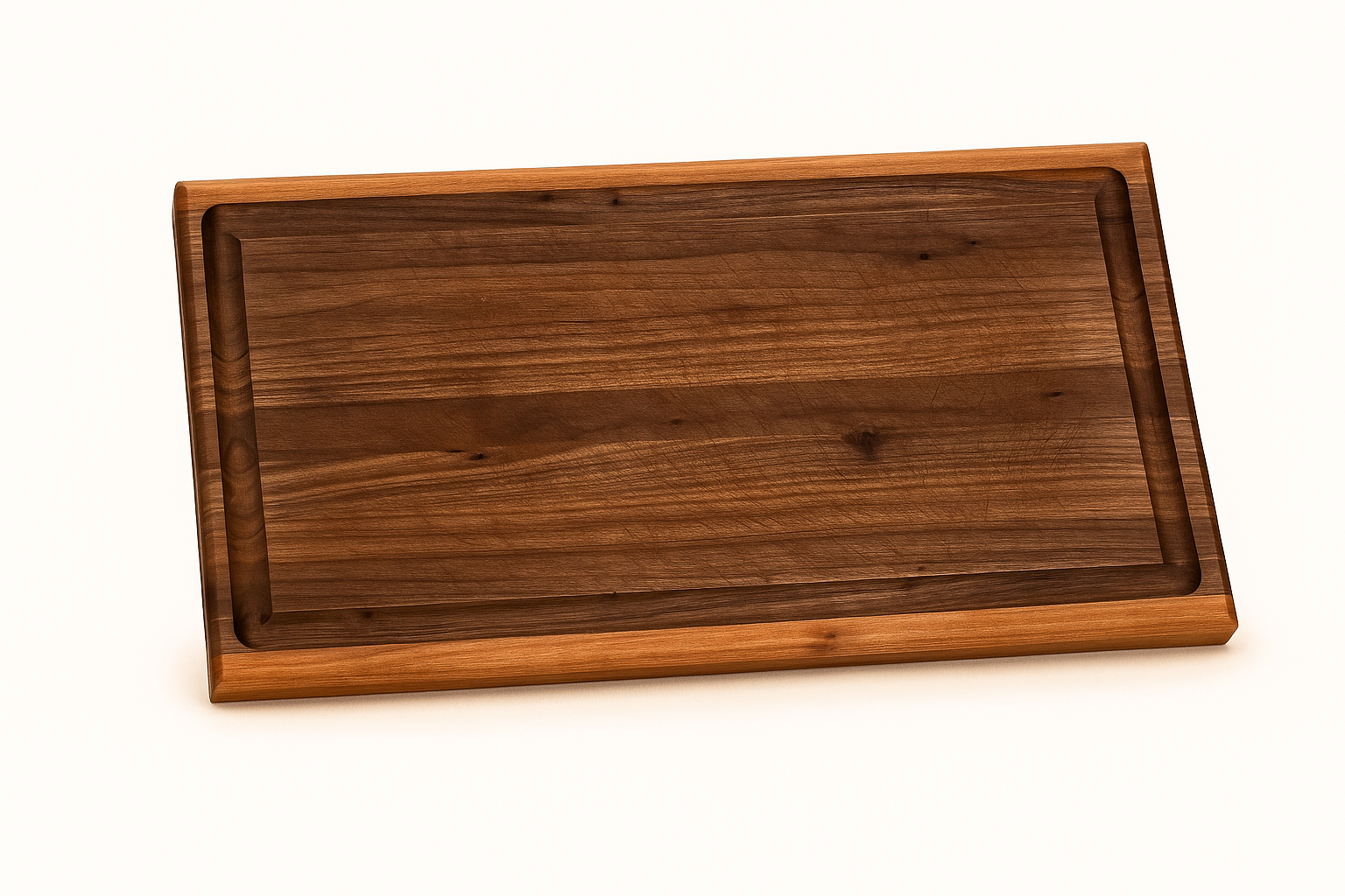 Walnut cutting board with juice groove on a white background.